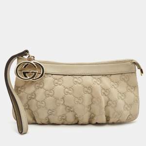 Gucci Off-White Guccissima Leather Interlocking G Wristlet Clutch