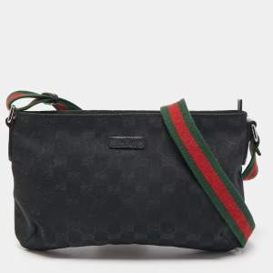 Pre Owned Gucci Black GG Canvas Web Crossbody Bag