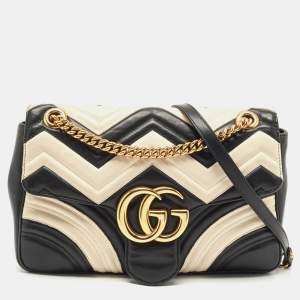 Pre Owned Gucci Black/White Matelasse Leather Medium GG Marmont Shoulder Bag