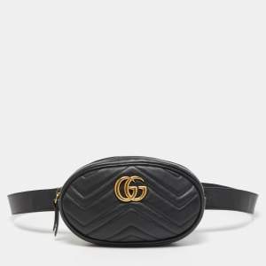 Pre Owned Gucci Black Matelassé Leather GG Marmont Belt Bag