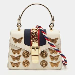 Pre Owned Gucci Beige Leather Mini Sylvie Animal Stud Embellished Top Handle Bag
