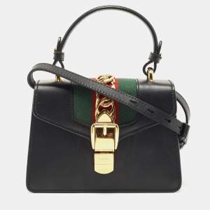 Pre Owned Gucci Black Leather Mini Sylvie Top Handle Bag