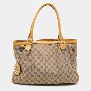 Pre Owned Gucci Yellow/Beige GG Canvas and Leather Medium Sukey Tote