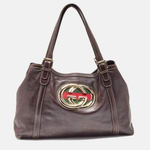 Pre Owned Gucci Brown Leather Medium GG Britt Shoulder Bag