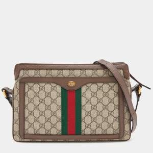 Gucci Beige/Brown GG Canvas and Leather Medium Ophidia Zip Crossbody Bag
