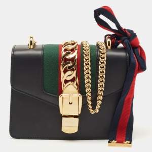 Pre Owned Gucci Black Leather Mini Web Chain Sylvie Shoulder Bag