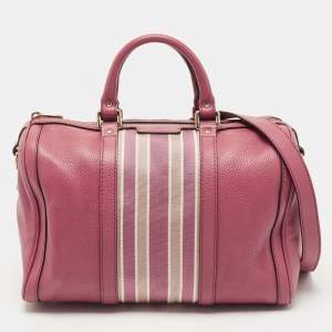 Pre Owned Gucci Old Rose Leather Medium Web Boston Bag