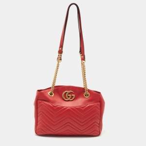 Gucci Red Matelasse Leather Medium GG Marmont Open Top Shoulder Bag 