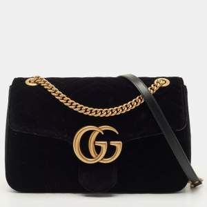 Pre Owned Gucci Black Matelassé Velvet Medium GG Marmont Shoulder Bag