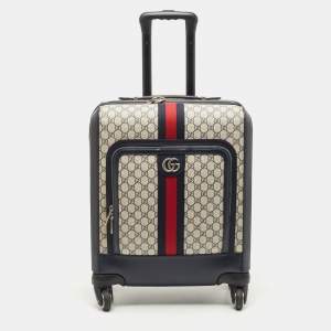 Gucci Dark Blue/Beige GG Supreme Canvas and Leather Small Web Savoy Cabin Trolley