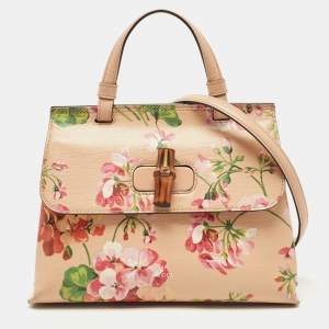Pre Owned Gucci Pink Apricot Blooms Print Leather Bamboo Daily Top Handle Bag