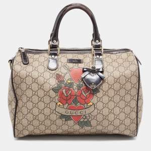 Pre Owned Gucci Beige/Brown GG Supreme Canvas and Patent Leather Medium Tattoo Heart Joy Boston Bag
