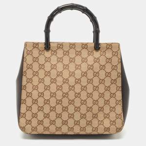 Pre Owned Gucci Beige/Brown Canvas And Leather Bamboo Handle Tote