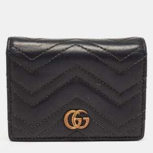 Gucci Charcoal Black Matelassé Leather GG Marmont Card Case