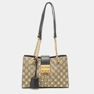 Gucci Black/Beige GG Bees Supreme Canvas Small Padlock Shoulder Bag