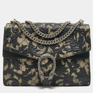 Pre Owned Gucci Black/Beige GG Supreme Canvas and Leather Medium Dionysus Arabesque Shoulder Bag