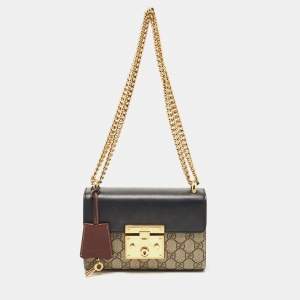 Pre Owned Gucci Black/Beige GG Supreme Canvas and Leather Small Padlock Shoulder Bag