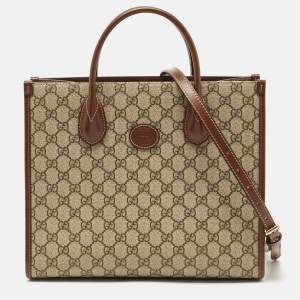 Pre Owned Gucci Brown/Beige GG Supreme Canvas and Leather Small Tote