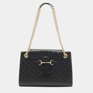 Gucci Black Guccissima Leather Large Emily Chain Shoulder Bag