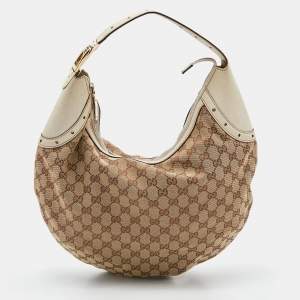 Pre Owned Gucci Beige/Off White GG Canvas and Leather Glam Hobo