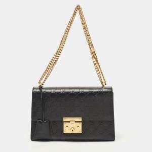 Pre Owned Gucci Black Guccissima Leather Medium Padlock Shoulder Bag