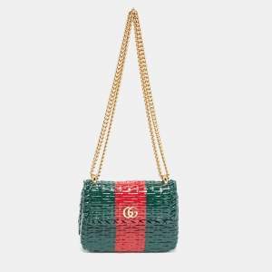 Pre Owned Gucci Green/Red Glazed Wicker Mini Cestino Shoulder Bag