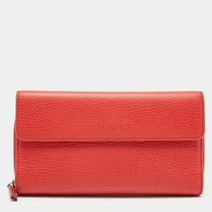 Gucci Coral Orange Leather Zip Around Continental Wallet