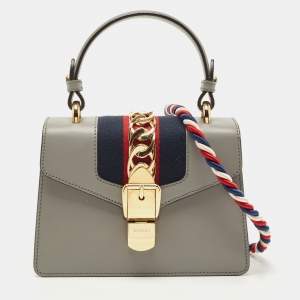Pre Owned Gucci Grey Leather Mini Web Chain Sylvie Top Handle Bag