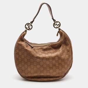 Pre Owned Gucci Metallic Brown Guccissima Canvas and Leather GG Twins Medium Hobo