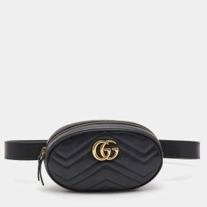 Pre Owned Gucci Black Matelassé Leather GG Marmont Belt Bag