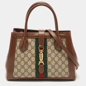 Pre Owned Gucci Brown/Beige GG Supreme Canvas and Leather Medium Web Jackie 1961 Tote