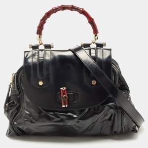 Pre Owned Gucci Black Coated Nylon and Leather Dialux Pop Bamboo Top Handle Bag