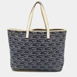 Gucci Off White/Blue Signature Print Canvas Large Shopper Tote