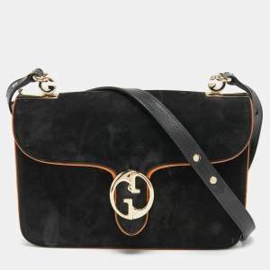 Gucci Black Suede and Leather 1973 Flap Shoulder Bag