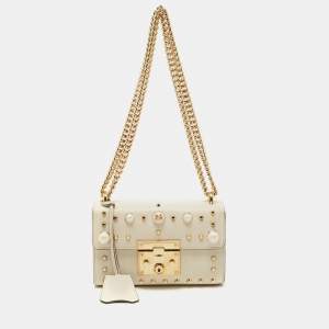 Pre Owned Gucci Off White Leather Small Pearl Studded Padlock Shoulder Bag