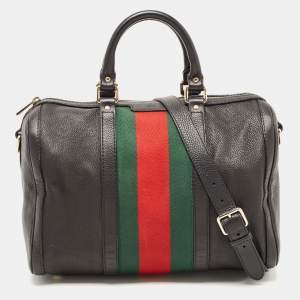 Pre Owned Gucci Black Leather Medium Vintage Web Boston Bag