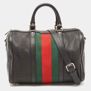 Gucci Black Leather Medium Vintage Web Boston Bag