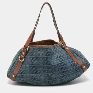 Pre Owned Gucci Navy Blue/Brown GG Denim and Leather Abbey D-Ring Shoulder Bag