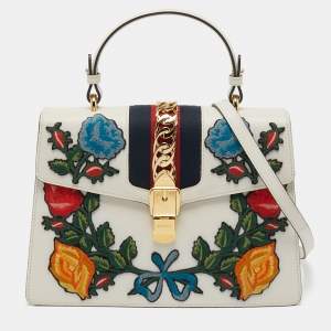 Gucci White Floral Sequins Patch Leather Medium Sylvie Top Handle Bag