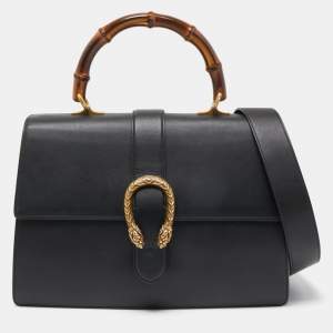Pre Owned Gucci Black Leather Large Dionysus Bamboo Top Handle Bag