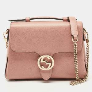 Pre Owned Gucci Dusty Pink Leather Interlocking G Top Handle Bag