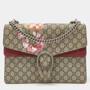 Pre Owned Gucci Old Rose/Beige GG Supreme Canvas and Suede Medium Blooms Dionysus Shoulder Bag