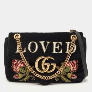 Pre Owned Gucci Black Love Embroidered Matelassé Velvet Medium GG Marmont Shoulder Bag