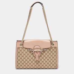 Pre Owned Gucci Beige/Pink GG Canvas And Leather Large Emily Chain Shoulder Bag
