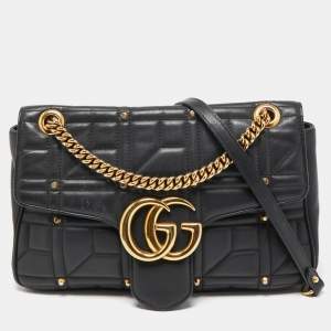 Gucci Black Quilted Leather Medium GG Marmont Studded Shoulder Bag