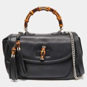 Pre Owned Gucci Black Leather Large New Bamboo Tassel Top Handle Bag