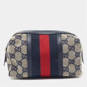 Gucci Beige/Blue GG Canvas and Leather Web Cosmetic Pouch