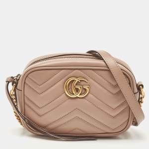 Pre Owned Gucci Beige Matelassé Leather Mini GG Marmont Camera Bag