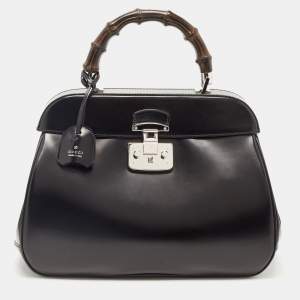 Gucci Black Patent Leather Large Lady Lock Bamboo Top Handle Bag