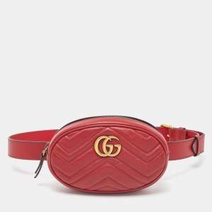 Pre Owned Gucci Red Matelassé Leather GG Marmont Belt Bag